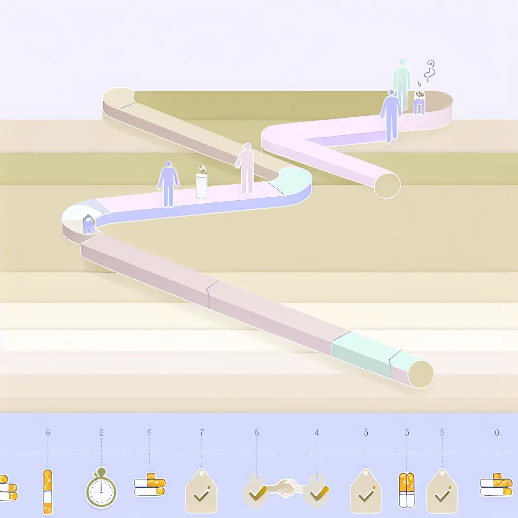 Visualizzazione del concetto di riduzione graduale del fumo: un percorso progressivo che mostra la diminuzione delle sigarette nel tempo
