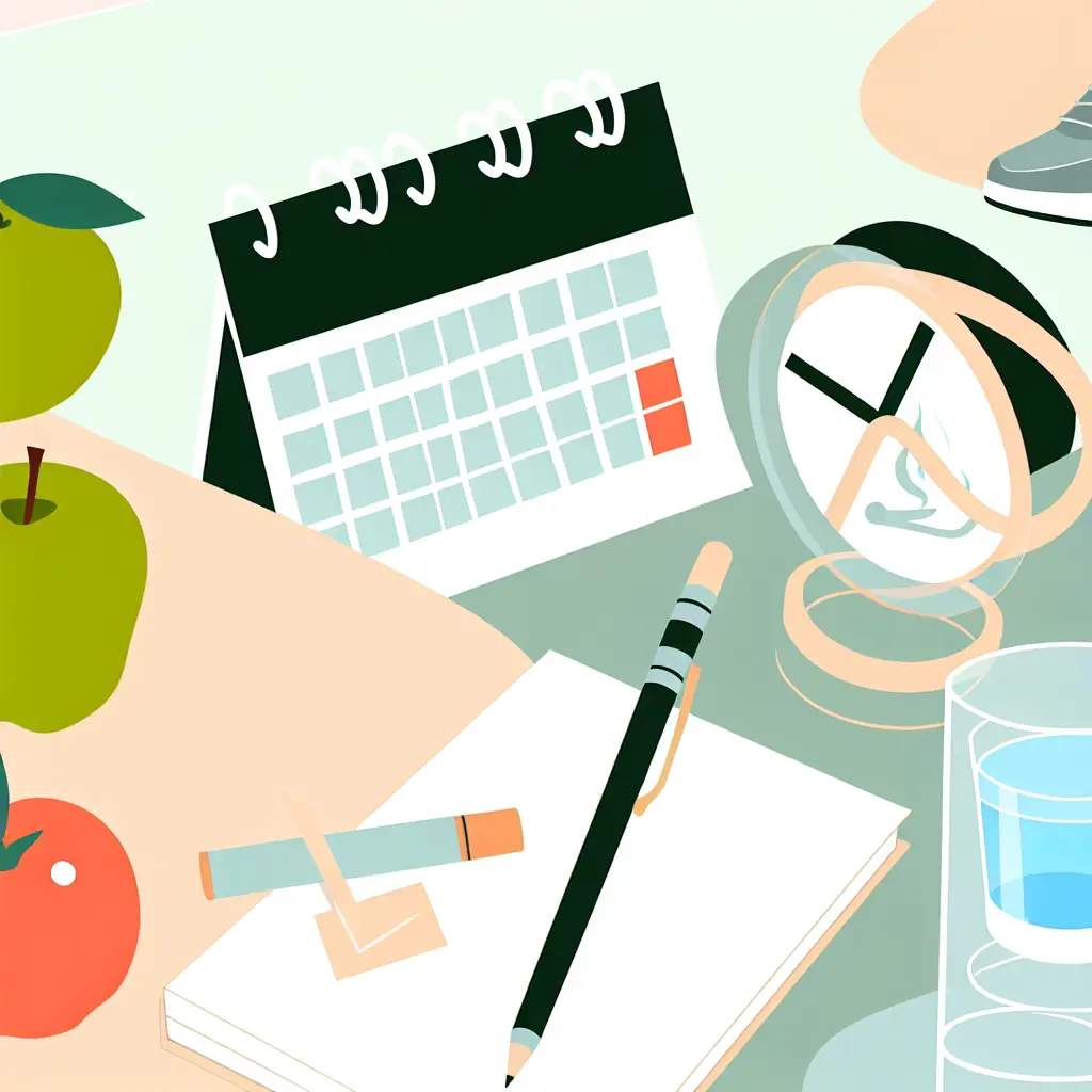 Elementi di preparazione per smettere di fumare: calendario, diario, acqua e frutta