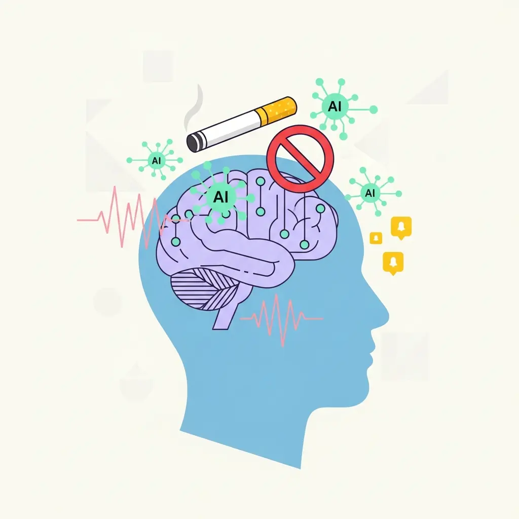 Illustrazione vettoriale che mostra il profilo di una testa umana con un cervello stilizzato, circondato da elementi che rappresentano l'intervento dell'intelligenza artificiale nella cessazione del fumo