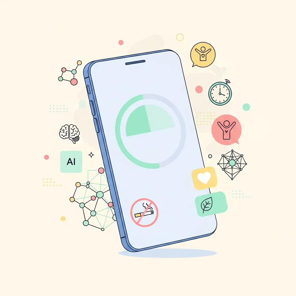 Smartphone che mostra un'app per smettere di fumare con elementi grafici che rappresentano l'intelligenza artificiale