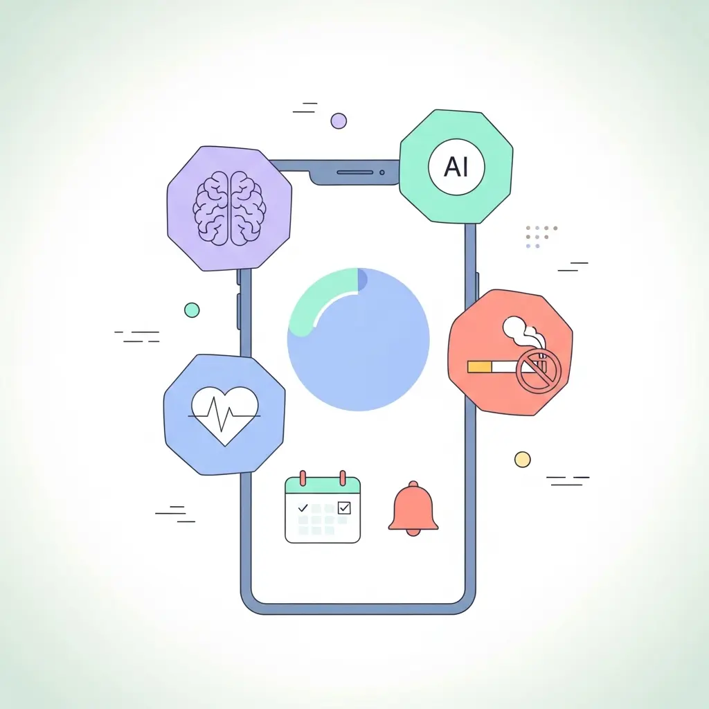 Interfaccia moderna di un'app AI per smettere di fumare con dashboard semplificata e icone intuitive