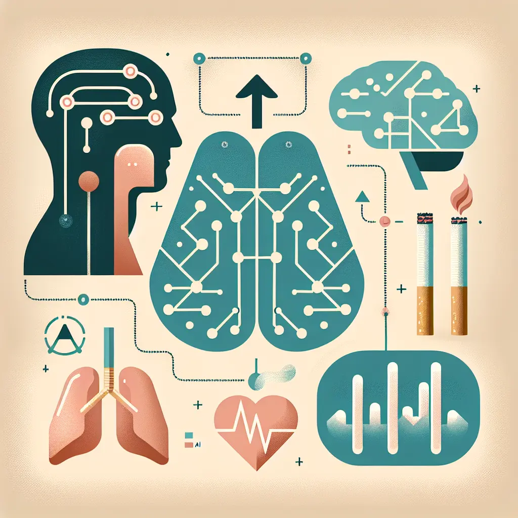 Rappresentazione concettuale dell'intelligenza artificiale che aiuta le persone a smettere di fumare, con simboli di salute migliorata