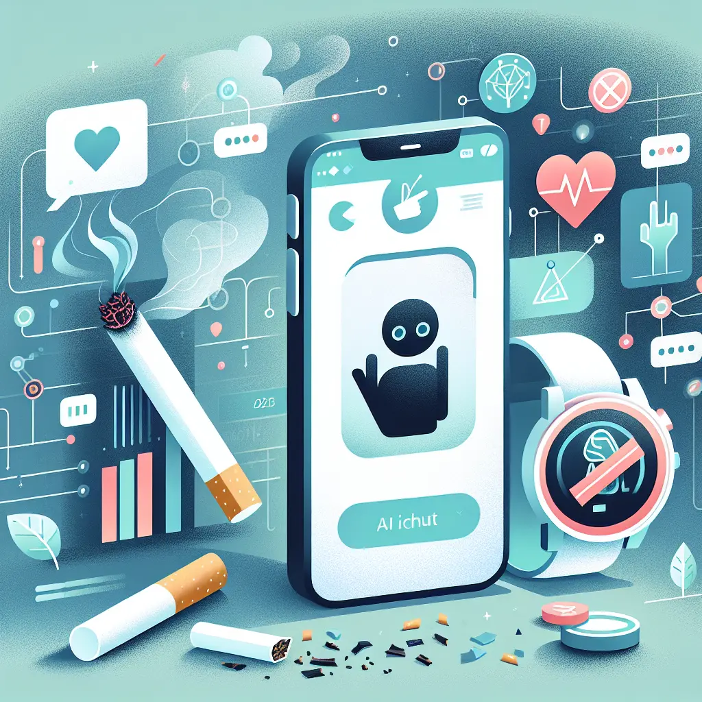 Rappresentazione visiva dell'intelligenza artificiale applicata alla cessazione del fumo con smartphone, assistente AI e simboli di tecnologia sanitaria