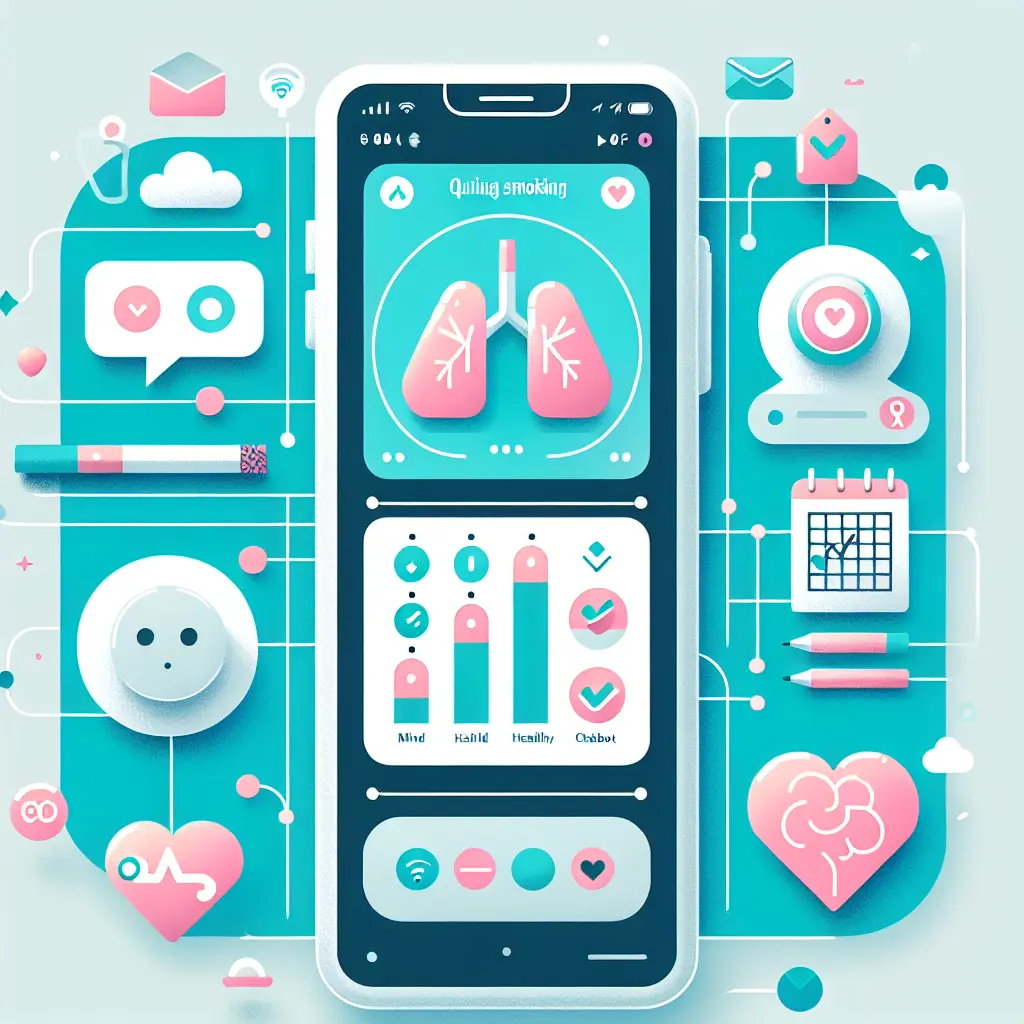 Illustrazione moderna di uno smartphone con interfaccia AI per smettere di fumare, circondata da icone di salute e benessere in stile minimalista
