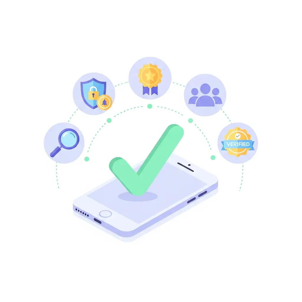 Illustrazione che mostra i criteri di valutazione per scegliere un'app di qualità per smettere di fumare: sicurezza, certificazioni, trasparenza e supporto della comunità