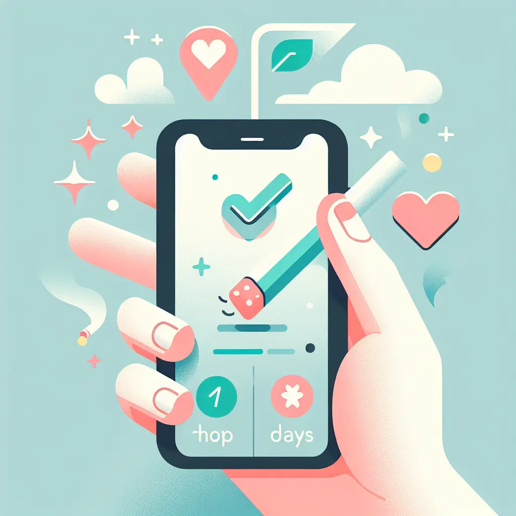 Illustrazione di uno smartphone che mostra un'app per smettere di fumare con simboli di progresso e salute