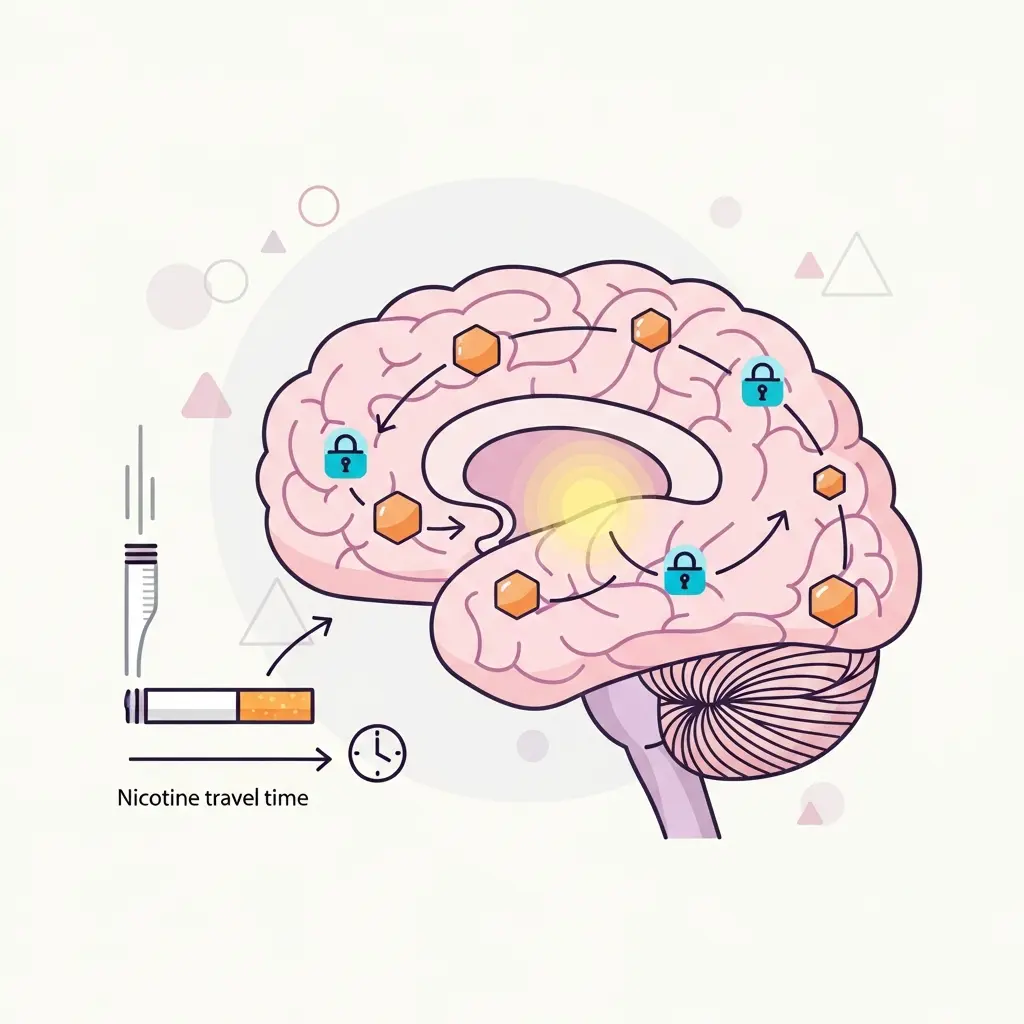 Illustrazione del cervello che mostra come la nicotina attiva i recettori della dopamina in soli 10 secondi