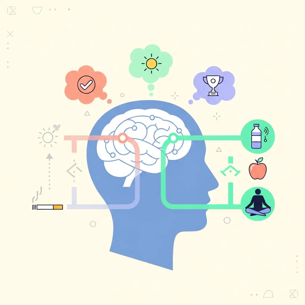 Illustrazione del processo cognitivo-comportamentale che aiuta a ricostruire nuovi percorsi neurali per smettere di fumare