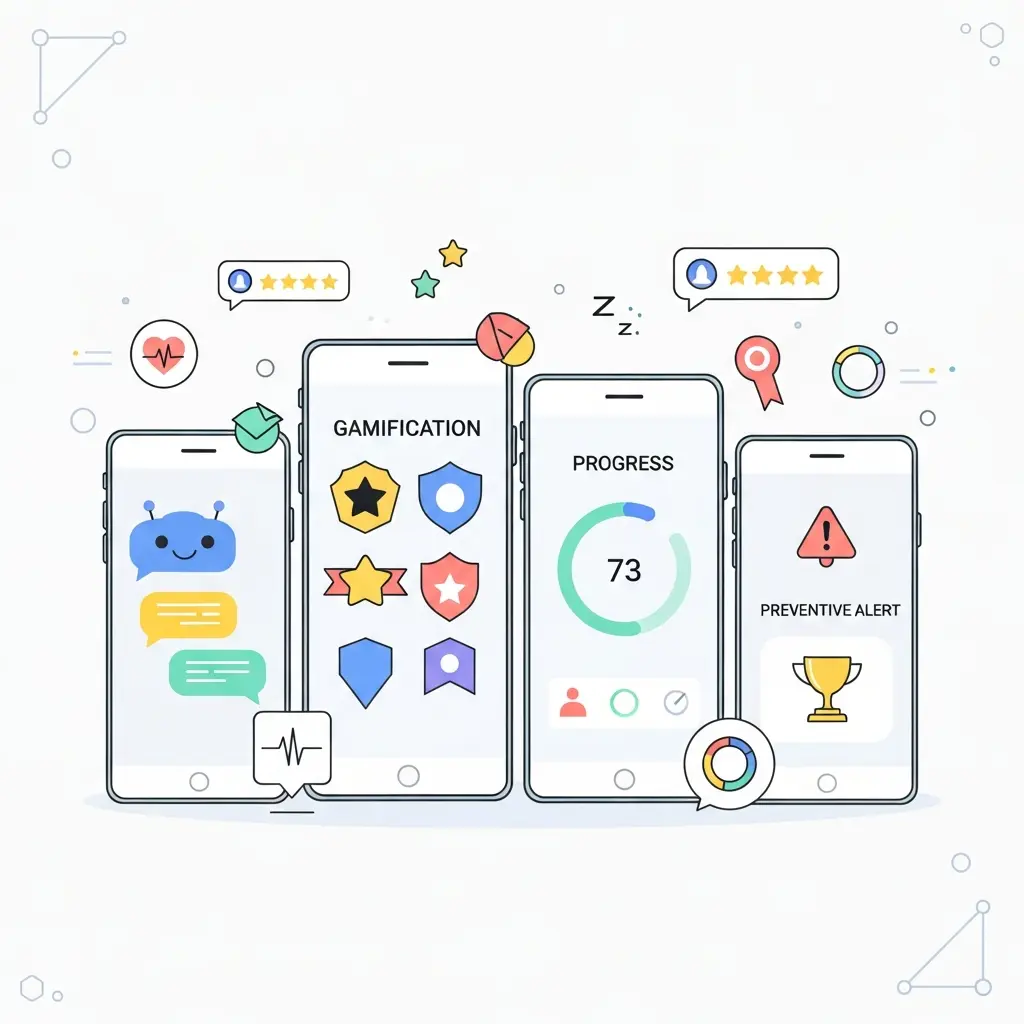 Interfaccia moderna di app per la salute digitale con elementi di gamification e chatbot intelligenti