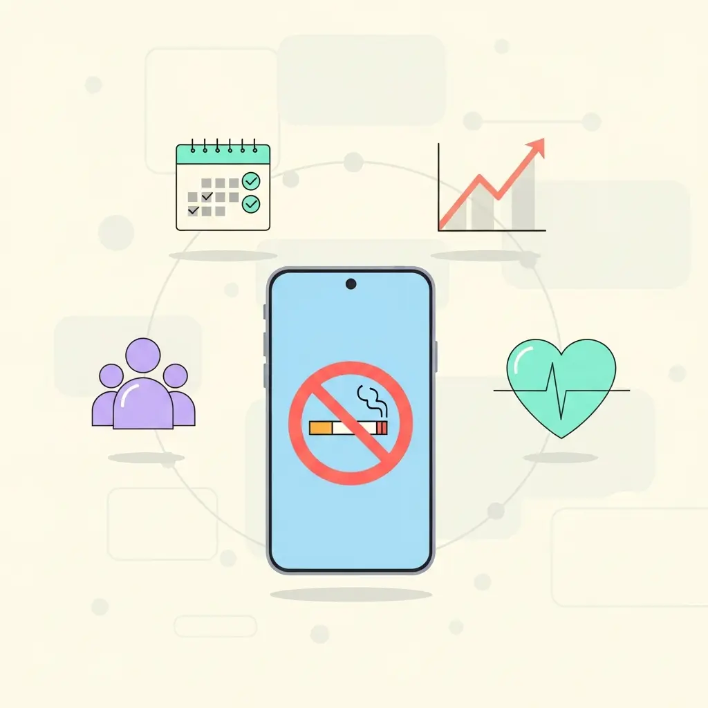 Rappresentazione grafica del supporto digitale per smettere di fumare con smartphone e icone di funzionalità integrate
