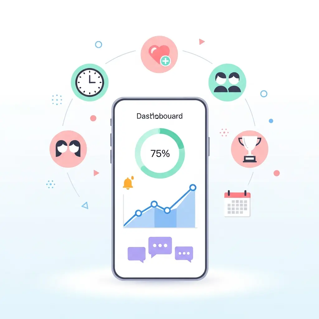 Smartphone con dashboard di un'app per smettere di fumare che mostra supporto 24/7, community e tracking progressi