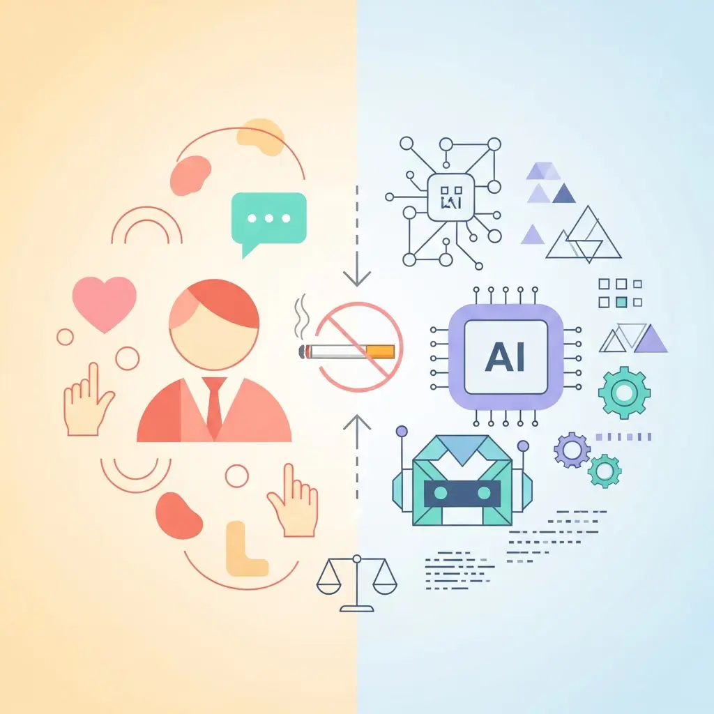 Confronto visivo tra supporto terapeutico umano e algoritmi di intelligenza artificiale nella cessazione del fumo