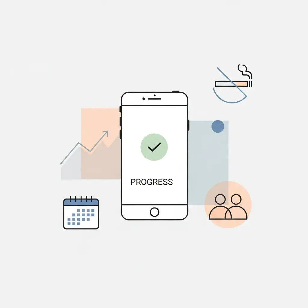 Persona che utilizza smartphone con app per smettere di fumare, supporto digitale per la cessazione del tabacco