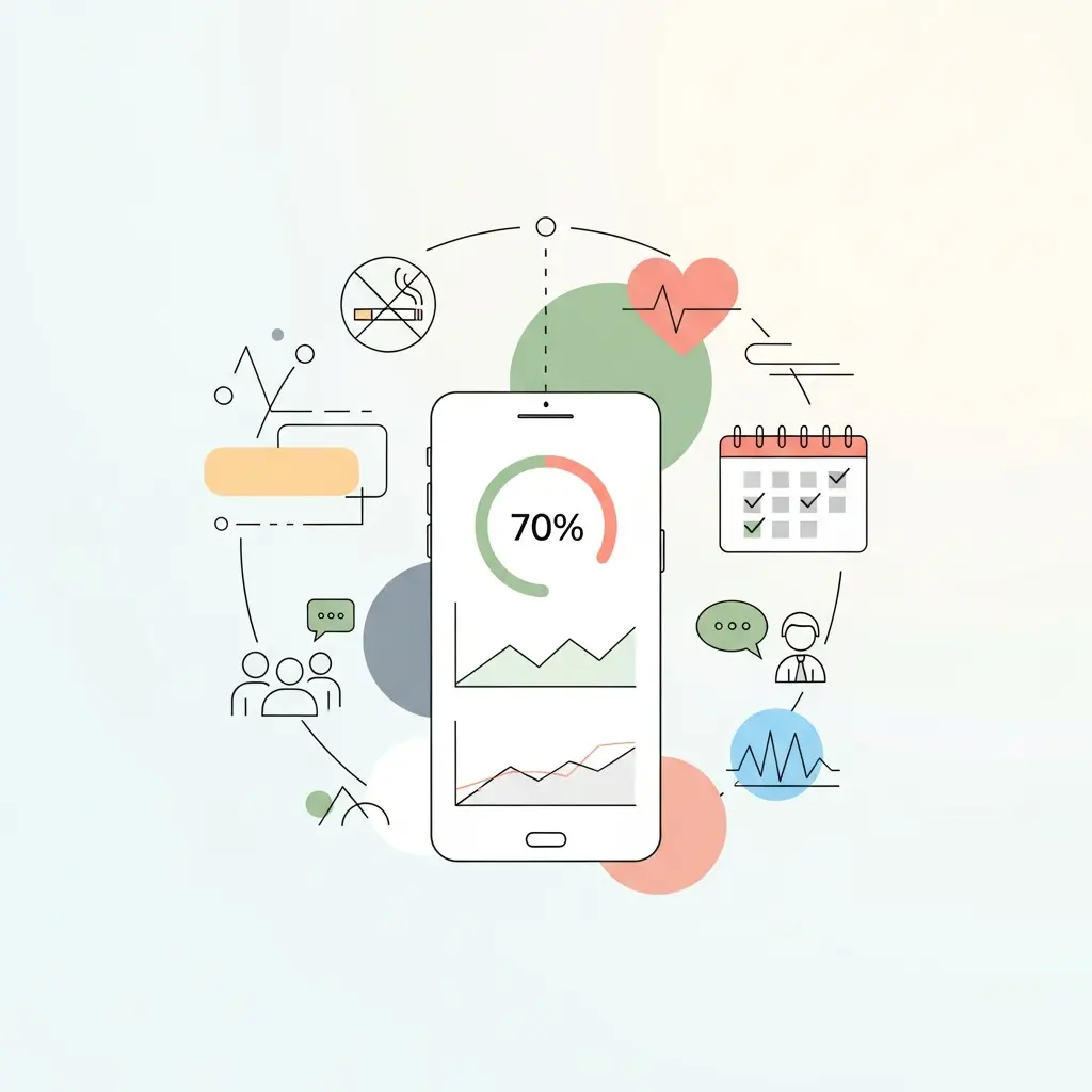 Persona che usa smartphone con app per smettere di fumare e supporto digitale, illustrazione del percorso di disintossicazione dalla nicotina