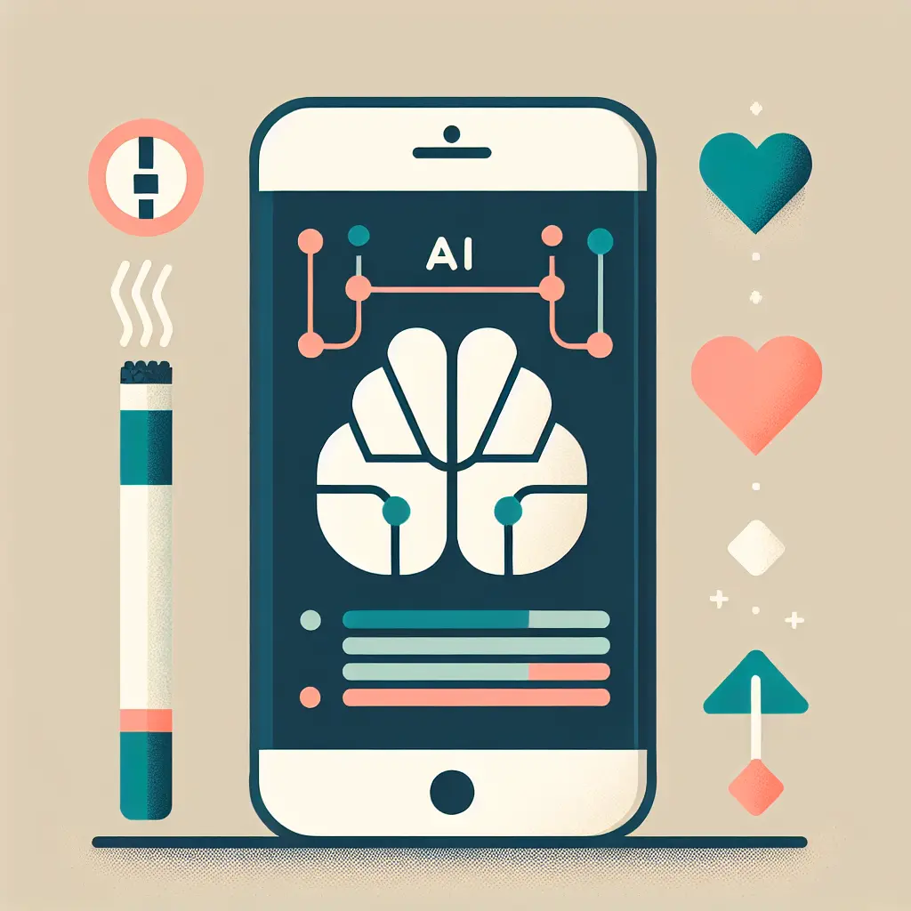 Persona che utilizza smartphone con app AI per smettere di fumare, tecnologia intelligenza artificiale per la salute 2025