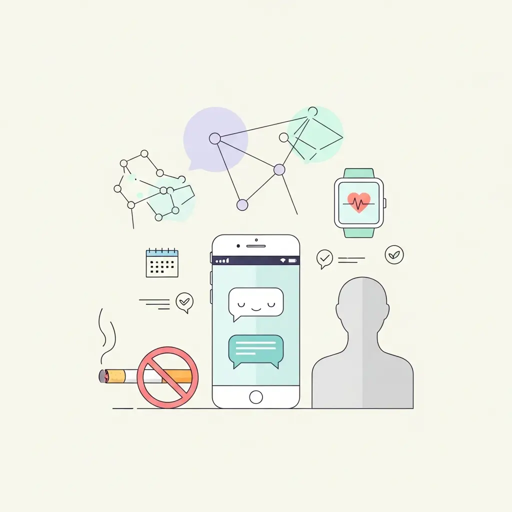 Persona che utilizza smartphone con app di intelligenza artificiale per smettere di fumare, con grafici e notifiche di supporto personalizzato