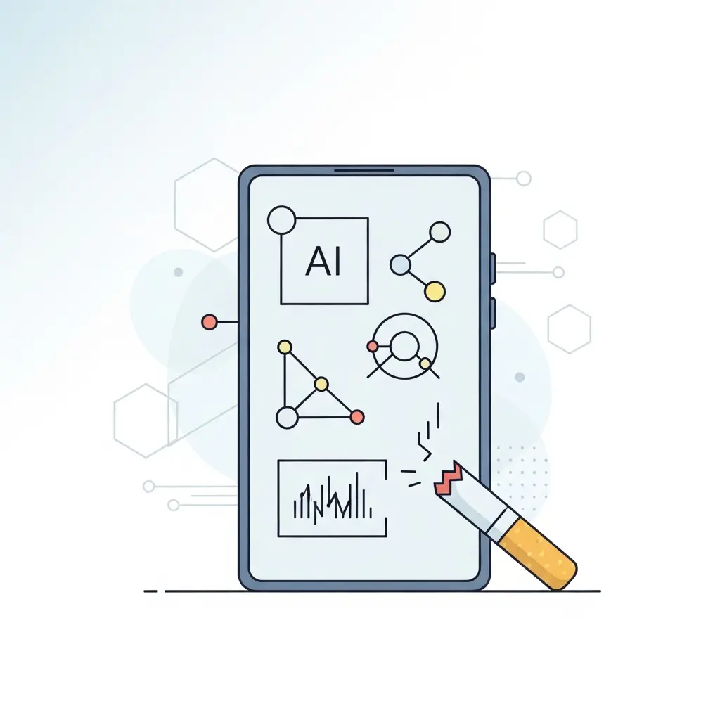 Persona che utilizza smartphone con app di intelligenza artificiale per smettere di fumare, con icone di monitoraggio e supporto digitale