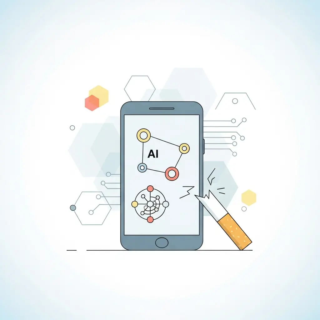Persona che utilizza smartphone con app di intelligenza artificiale per smettere di fumare, con icone di monitoraggio e supporto digitale