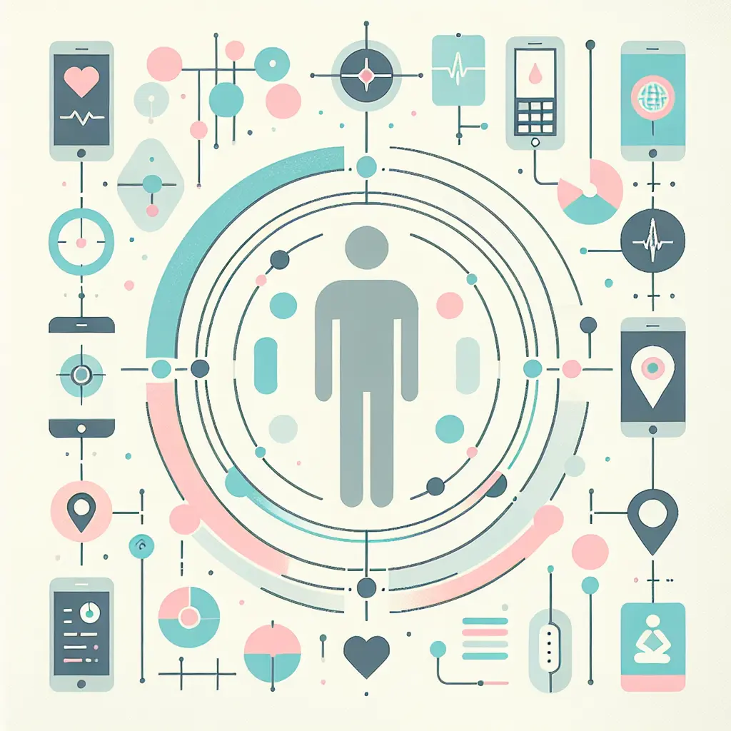 Ecosistema di salute integrato che mostra diverse fonti di dati connesse intorno a una figura umana centrale