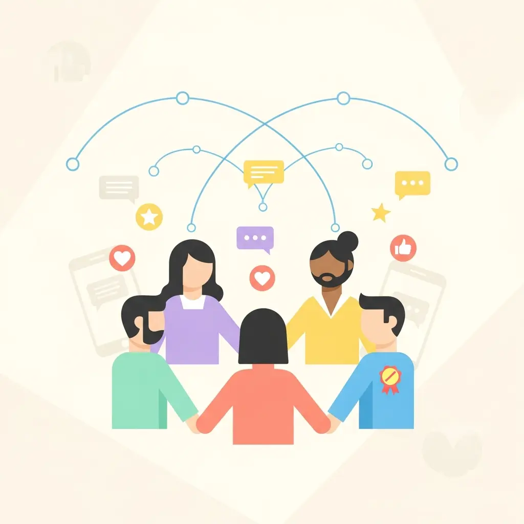 Illustrazione di una community di supporto digitale che si aiuta reciprocamente nel percorso per smettere di fumare