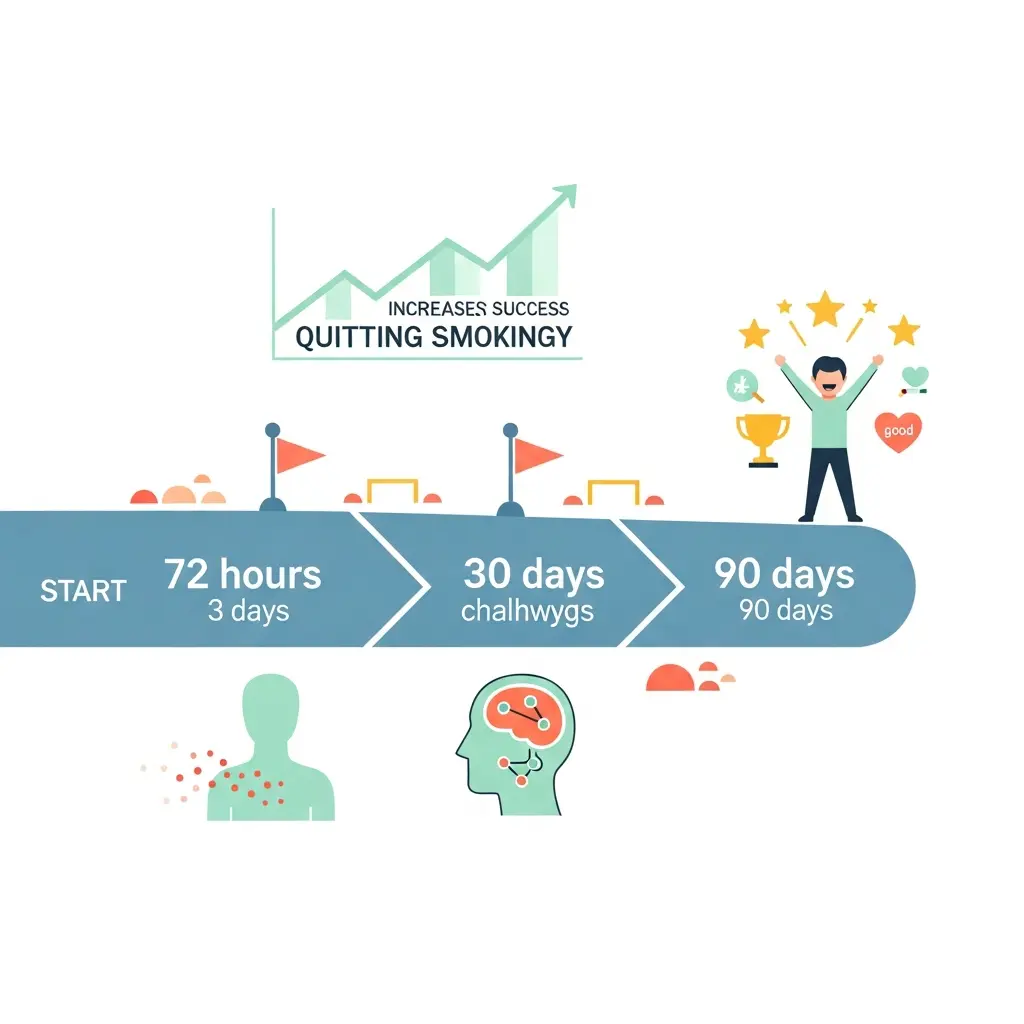 Timeline visiva del processo di smettere di fumare: 72 ore, 30 giorni e 90 giorni con i relativi traguardi