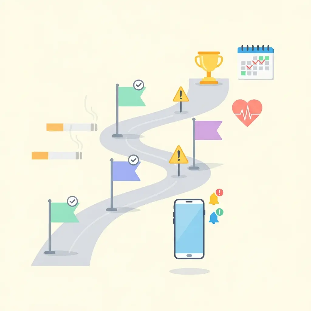 Illustrazione strategica del percorso di prevenzione delle ricadute con checkpoint e supporto digitale continuo