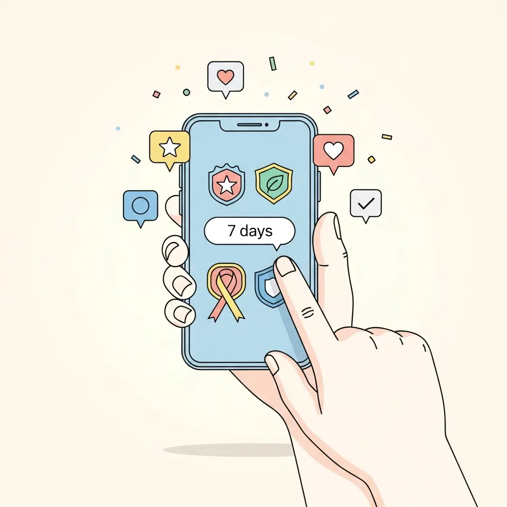 Smartphone con app per smettere di fumare che mostra badge e notifiche motivazionali