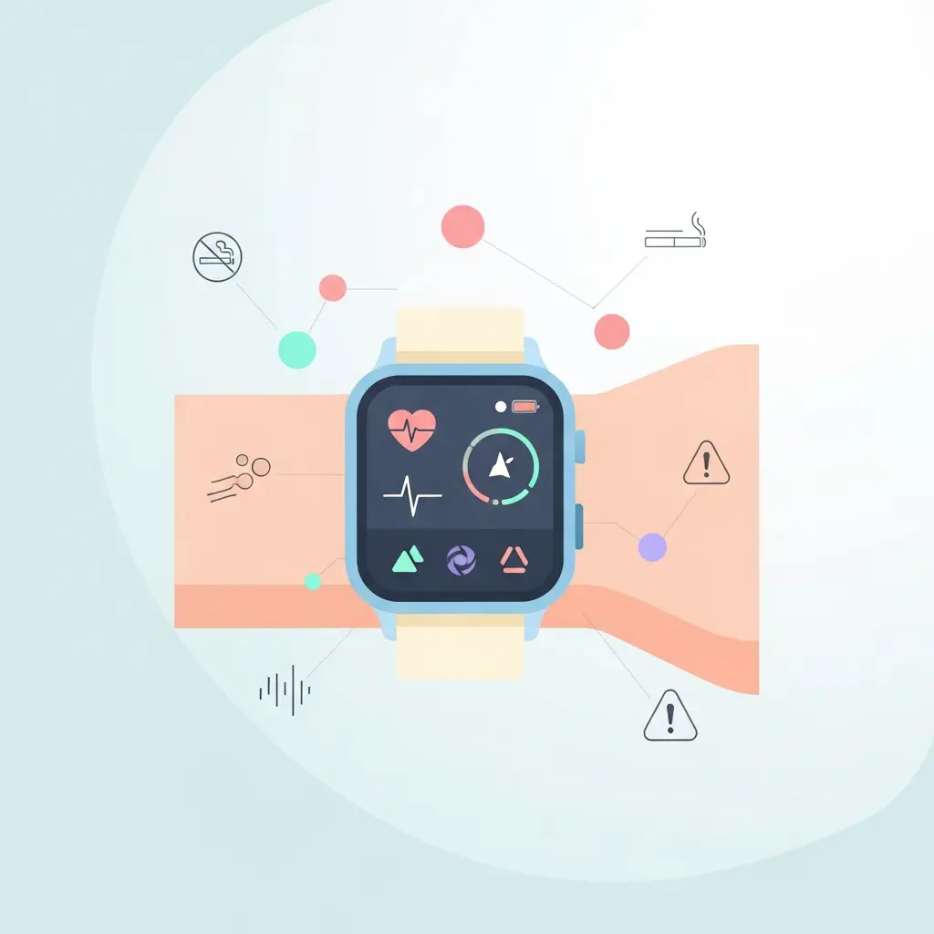 Smartwatch al polso che mostra il monitoraggio intelligente con elementi AI