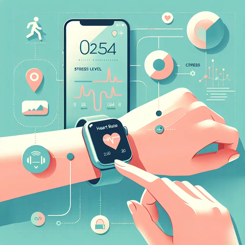 Smartwatch che monitora parametri biometrici come stress e battito cardiaco, sincronizzato con app AI per smettere di fumare