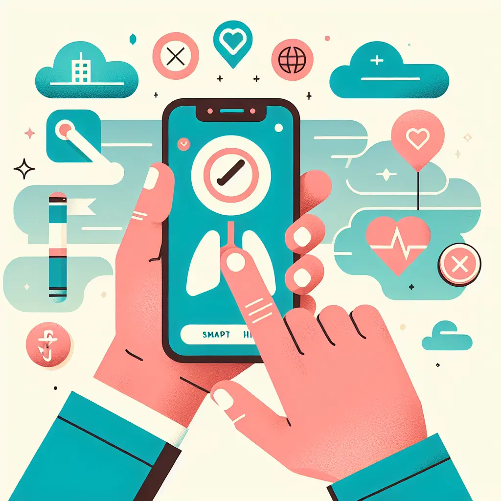 Illustrazione di uno smartphone con app per smettere di fumare che mostra funzionalità di tracciamento e supporto digitale